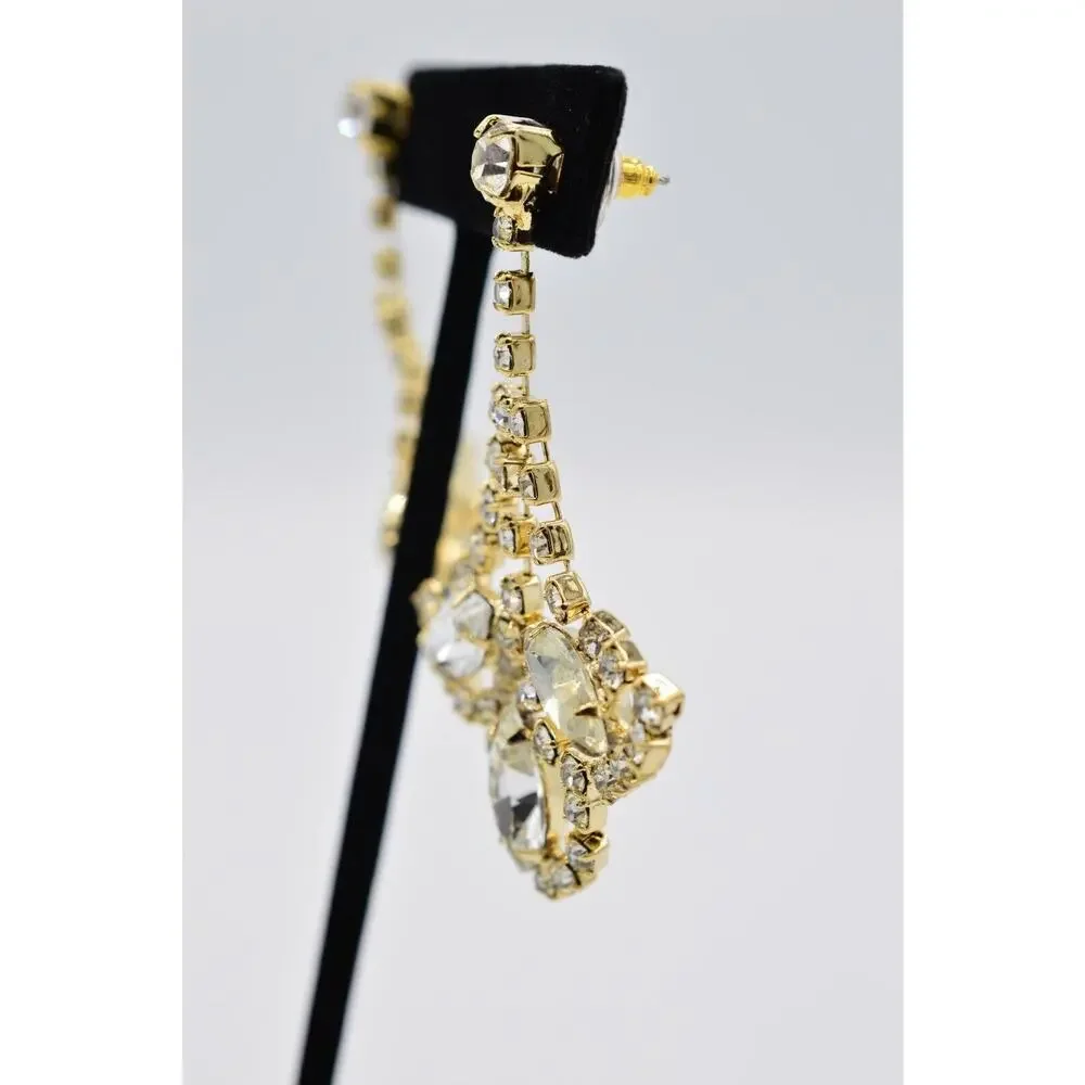 Vintage Crystal Earrings Shiny Gold Prong Rhinestone Dangle NOS 1980s BinAA